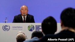 China's Special Envoy for Climate Change Xie Zhenhua speaks at the COP26 U.N. Climate Summit in Glasgow, Nov. 10, 2021. (AP/Alberto Pezzali)