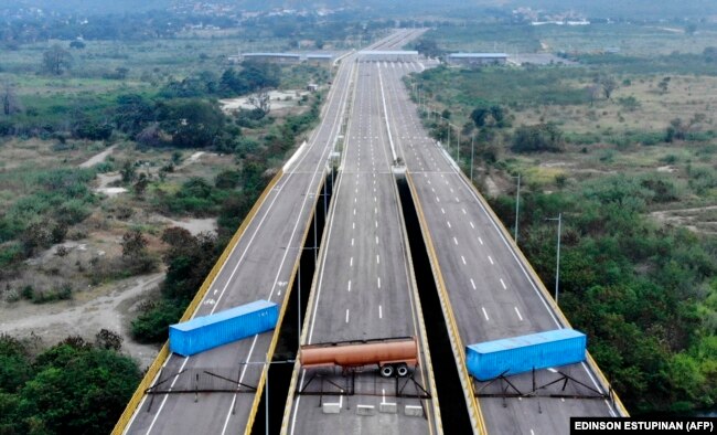 VENEZUELA - Aerial view of the Tienditas Bridge, in the border between Cucuta, Colombia and Tachira, Venezuela, after Venezuelan military forces blocked it with containers on February 6, 2019.