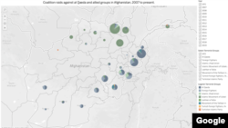 Coalition raids against al Qaeda and allied groups in Afghanistan, 2007 to present. © 2021 Mapbox© OpenStreetMap. Map and data created by FDD's Long War Journal.