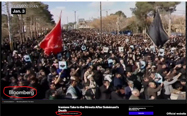 A screenshot of a Bloomberg report from Iran protests on Jan. 3, 2020
