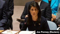 New York. -- U.S. Ambassador to the United Nations Nikki Haley delivers remarks during a meeting of the United Nations Security Council.