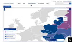 A screen capture of BTI's Transformation Index, showing all three Baltic states as democracies in consolidation.