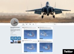 A composite picture of Russian MoD tweets in multiple languages showing a U.S. B-52 bomber flying over the Baltic Sea on March 20, 2019.