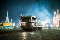 RUSSIA -- Russian Buk-M2 air defense missile systems drive during a rehearsal for the Victory Day military parade on Red Square, in Moscow, May 3, 2018