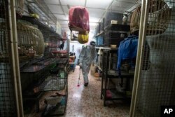 A worker sprays disinfectant as a precaution against the new coronavirus at Chatuchak Market in Bangkok, Thailand, on March 20, 2020.