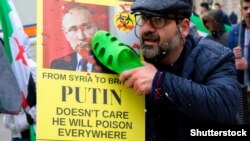 UNITED KINGDOM – Protests against Syrian President Bashar Assad and Russian President Vladimir Putin in central London on the 7th anniversary of the start of the Syrian civil war. London, March 17, 2018.