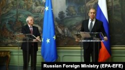 EU foreign policy chief Josep Borrell and Russian Foreign Minister Sergei Lavrov hold a joint news conference in Moscow, February 5, 2021. (EPA-EFE/Russian Foreign Ministry)