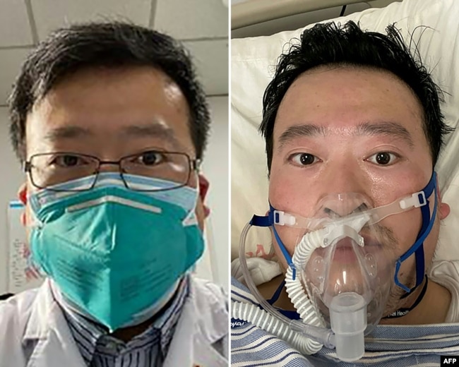 CHINA -- A combo photo shows Chinese coronavirus whistleblowing doctor Li Wenliang whose death was confirmed on February 7 at the Wuhan Central Hospital