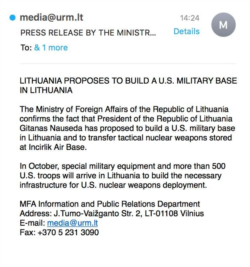 A screenshot of a fake press release by the Lithuanian Foreign Ministry