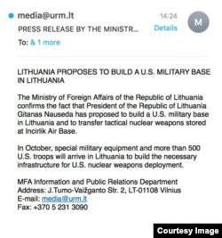 A screenshot of a fake press release by the Lithuanian Foreign Ministry