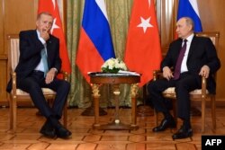 Russian President Vladimir Putin meeting with his Turkish counterpart Recep Tayyip Erdogan in Sochi on September 4, 2023. (Sergei Guneyev/AFP)