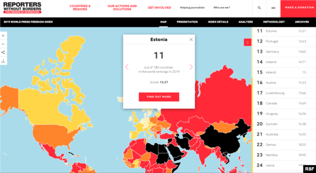 A screen capture from Reporters Without Borders' 2019 World Press Freedom Index, showing Estonia in 11th place.