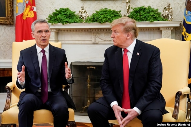 U.S. -- NATO Secretary General Jens Stoltenberg speaks while meeting with U.S. President Donald Trump in the Oval Office at the White House in Washington, U.S., April 2, 2019