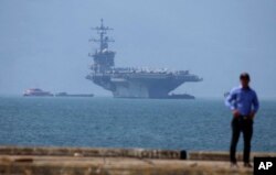 The USS Carl Vinson is anchored at Tien Sa Port in Danang, Vietnam, on March 5, 2018.