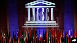 In this Nov.4, 2017 file photo, the logo of the United Nations Educational, Scientific and Cultural Organisation (UNESCO) is seen during the 39th session of the General Conference at the UNESCO headquarters in Paris. (AP/Christophe Ena)