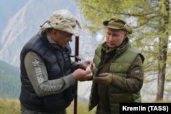 RUSSIA -- Russian President Vladimir Putin and Defense Minister Sergei Shoigu spend their vacation in the Siberian taiga, October 7, 2019