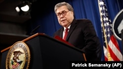 U.S. -- U.S. Attorney General William Barr speaks at a news conference to discuss Special Counsel Robert Mueller’s report on Russian interference in the 2016 U.S. presidential race, in Washington, April 18, 2019