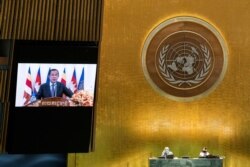 Cambodia's Prime Minister Hun Sen remotely addresses the 76th Session of the U.N. General Assembly by pre-recorded video, in New York City, U.S., on September 25, 2021. (Eduardo Munoz/Reuters)