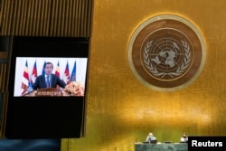 Cambodia's Prime Minister Hun Sen remotely addresses the 76th Session of the U.N. General Assembly by pre-recorded video, in New York City, U.S., on September 25, 2021. (Eduardo Munoz/Reuters)