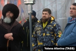 CHECHNYA -- Chechen leader Ramzan Kadyrov (C) attends the unveiling of the Veduchi ski resort, January 26, 2018