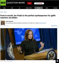 Screen shot of an RT (Russia Today) editorial from November 30, 2020, "Foot-in-mouth Jen Psaki is the perfect spokesperson for gaffe machine Joe Biden." Format: PNG