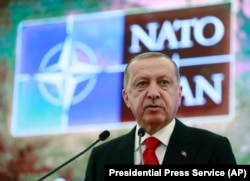 TURKEY -- Turkish President Recep Tayyip Erdogan addresses a meeting of the NATO's Mediterranean Dialogue, in Ankara, May 6, 2019.
