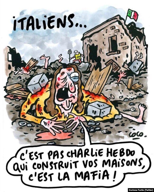 Charlie Hebdo cartoon, captioned: “Italians, it is not Charlie Hebdo that built your homes, it’s the mafia!”