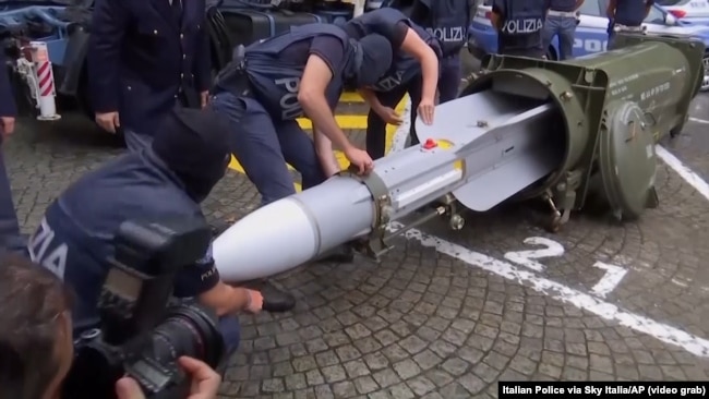 An AP video grap showing the air-to-air missile Italian police seized in a raid on far-right extremists on July 15, 2019.