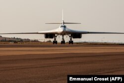 SOUTH AFRICA -- A Russian Air Force Tupolev Tu-160 "Blackjack", a supersonic variable-sweep wing heavy strategic bomber, is parked on the tarmac at the Waterkloof Air force Base in Centurion, south of Pretoria, October 23, 2019