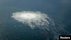 Gas bubbles from the Nord Stream 2 rupture reaching the surface of the Baltic Sea near Bornholm, Denmark, on September 27, 2022. (Danish Defence Command/via Reuters)