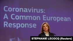 European Commissioner for Health and Food Safety Stella Kyriakides at a news conference on the export transparency and authorization mechanism of COVID-19 vaccines at the EC in Brussels, Belgium March 24, 2021.