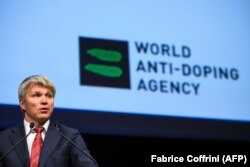 Switzerland -- Russian Sports Minister Pavel Kolobkov addresses the assembly at the opening of the 2017 edition of the World Anti-Doping Agency (WADA) Annual Symposium in Lausanne, March 13, 2017