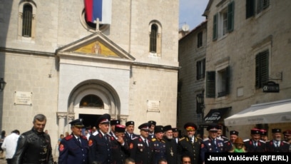 Montenegro - Cossacks and bikers in leather jackets in front of the church of St. Nicholas in Kotor from Russia, pro-Russian part of Ukraine, Serbia and Montenegro, where they devoutly listened to the liturgy of Kotor Serbian Orthodox Church
