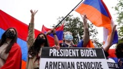 Members of the Armenian diaspora rally in front of the Turkish Embassy in Washington, D.C., after U.S. President Joe Biden recognized that the 1914-1915 massacres of Armenians in the Ottoman Empire constituted genocide.