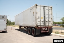 A refrigerated trailer acquired to store bodies, as morgues at hospitals and funeral homes reach their capacity with COVID-19 fatalities, is seen in Bexar County, Texas, July 15, 2020.