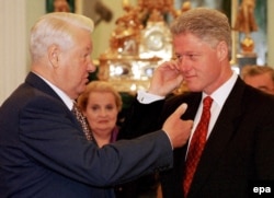 Former Russian President Boris Yeltsin (left) with former U.S. President Bill Clinton in the Kremlin, on September 1,1998.