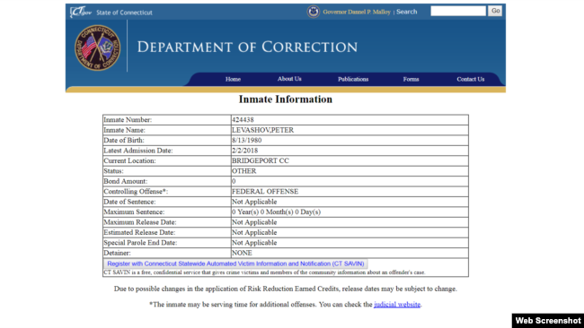 Pyotr Levashov's inmate record taken on February 7, 2018 while he was still detained in the Connecticut Correctional facility in Bridgeport.