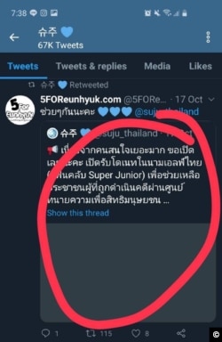 A screen grab from a Twitter page used to raise funds for Thai protesters via Korean pop music fans.