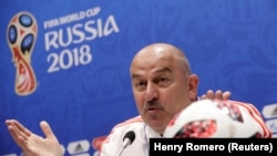 RUSSIA -- Soccer Football - World Cup - Russia Press Conference - Fisht Stadium, Sochi, Russia - July 6, 2018 Russia coach Stanislav Cherchesov during a press conference