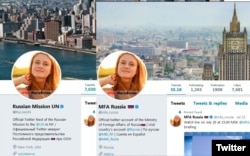 Official Twitter accounts of the Russian Foreign Ministry and Russian Mission to the UN with photograph of Maria Butina as their profile picture.