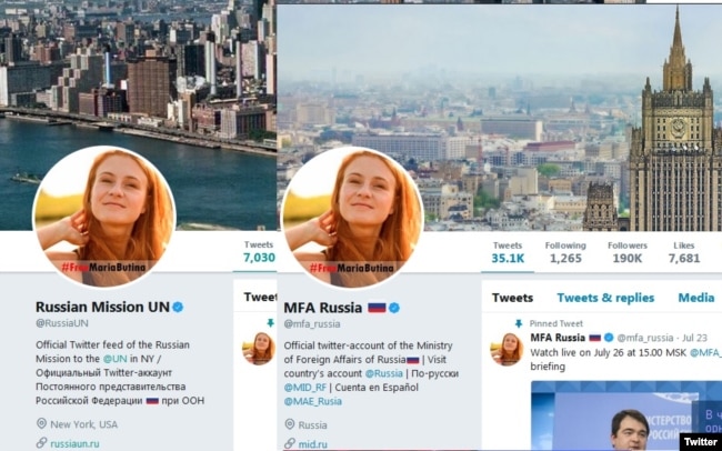 Official Twitter accounts of the Russian Foreign Ministry and Russian Mission to the UN with photograph of Maria Butina as their profile picture