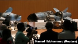 SAUDI ARABIA -- Remains of the missiles used to attack an Aramco oil facility, are displayed during a news conference in Riyadh, September 18, 2019.