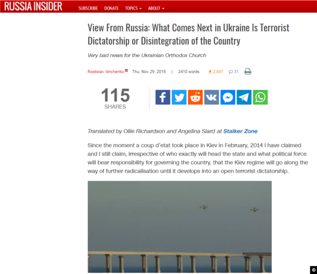 A screen capture from Kremlin-friendly Russian Insider warning of "Terrorist Dictatorship" or "Disintegration" in Ukraine on November 29, 2018.