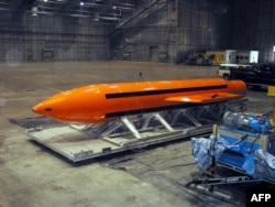 The GBU-43/B Massive Ordnance Air Blast bomb prototype at an undisclosed location. The U.S. dropped the bomb against an IS tunnel complex in April, 2017.