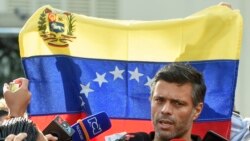 Leopoldo Lopez speaks outside the Spanish embassy in Caracas, on May 2, 2019