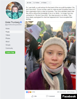 A screen capture of a lengthy February 2019 statement from Greta Thunberg, addressing claims she was being "used" or "paid" to conduct her activism while acknowledging her previous relationship with the social-network, "We Don’t Have Time".