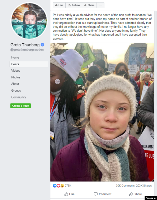 A screen capture of a lengthy February 2019 statement from Greta Thunberg, addressing claims she was being "used" or "paid" to conduct her activism while acknowledging her previous relationship with the social-network, "We Don’t Have Time".