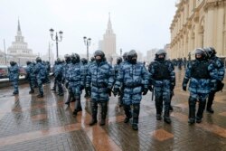 Riot police block off an area during a protest against the jailing of opposition leader Alexey Navalny in Moscow, Russia, on Jan. 31, 2021.