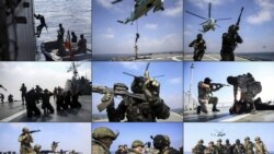 A combo photo shows Iranian Revolutionary Guards Corps (IRGC) and Russian soldiers taking part in a drill simulating taking over a hijacked ship during joint naval drills between Iran and Russia in the northern Indian Ocean, February 17, 2021.