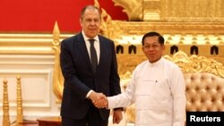 Russia's Foreign Minister Sergey Lavrov attends a meeting with Myanmar's military leader Min Aung Hlaing in Naypyidaw on August 3, 2022. (Russian Foreign Ministry/via Reuters)